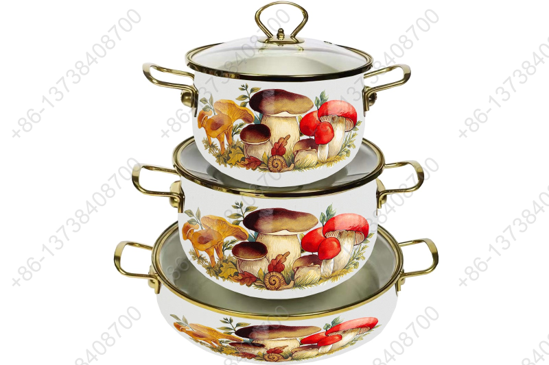 High Quality Enamel Cooking Pot With Glass Lid Enamel Casserole Set With Golden S/S Handles & S/S Knobs & S/S Rim