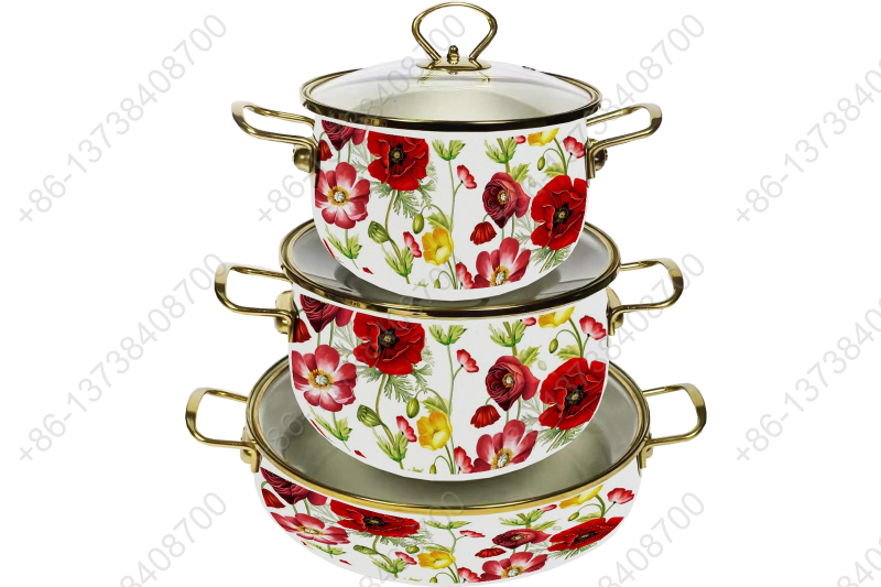 High Quality Enamel Cooking Pot With Glass Lid Enamel Casserole Set With Golden S/S Handles & S/S Knobs & S/S Rim